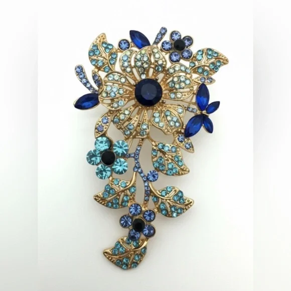 ✨NEW Elegant Gold and Blue Floral Crystal Brooch - Picture 2 of 6